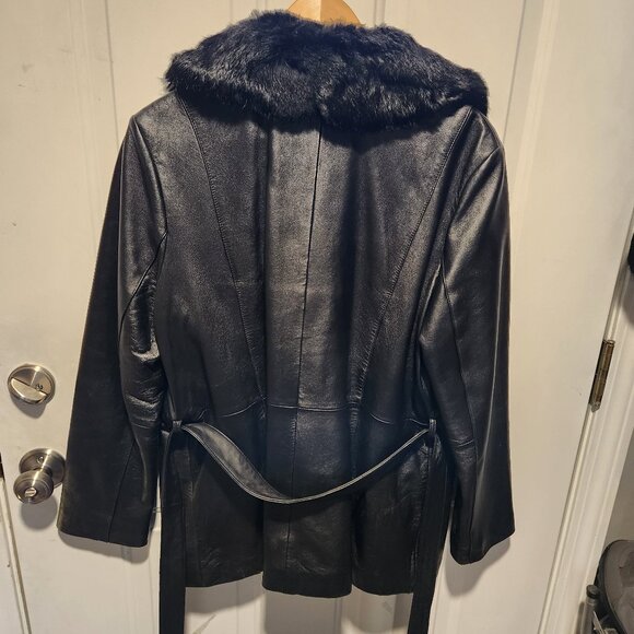 Wilson's Leather Womens Large Black Belted Leather Jacket Rabbit Fur Trim - Picture 4 of 12